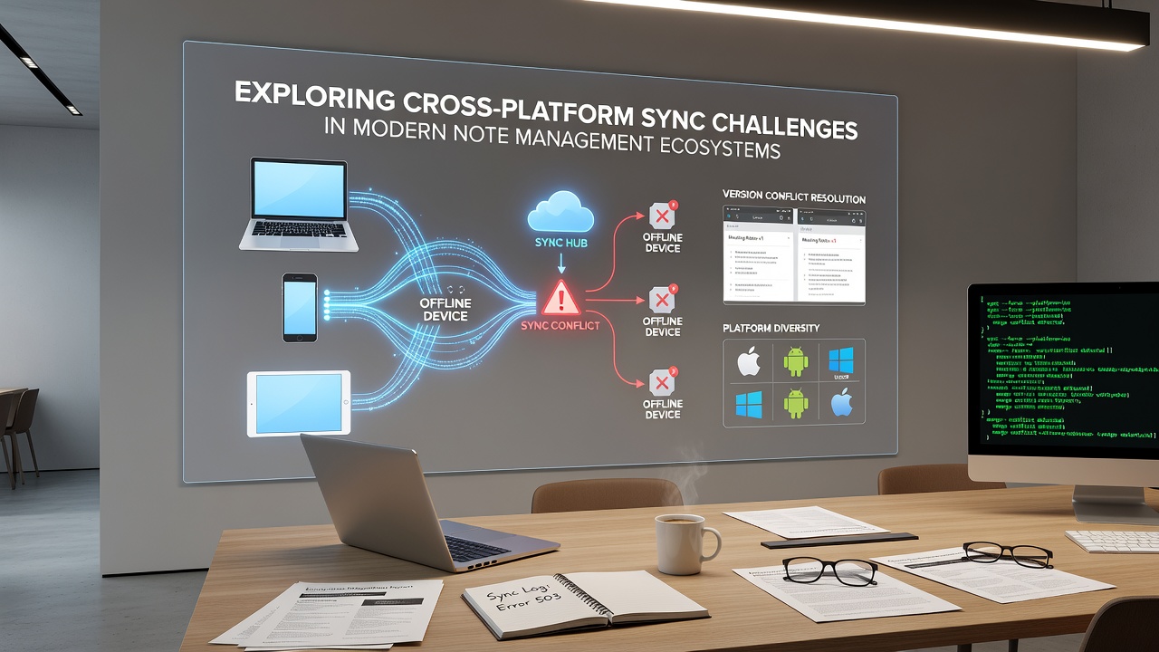 Screenshot showing sync status indicators and conflict resolution interface in note applications
